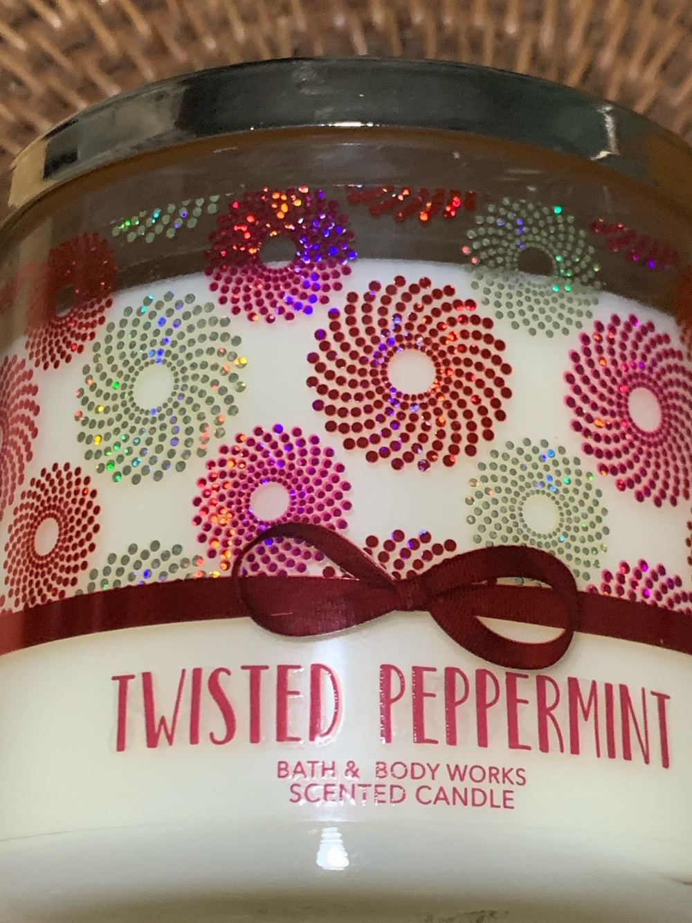 Bath & Body Works Twisted Peppermint Candle - White with Red and Pink Accents - Picture 1 of 4